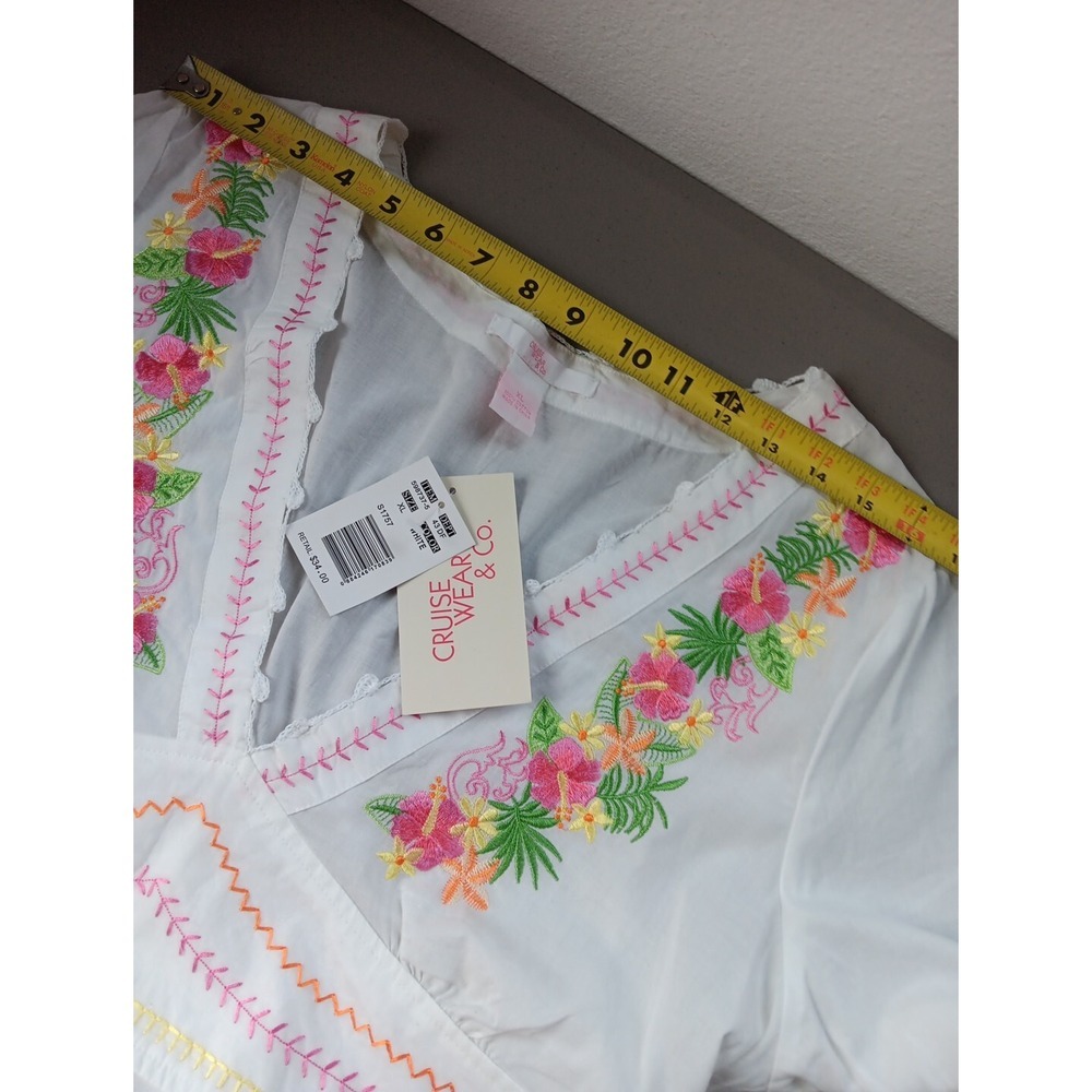 NEW Boho Tunic Mini Dress Womens XL White Cotton Pink Embroidery DEEP V Beachy - Picture 9 of 13